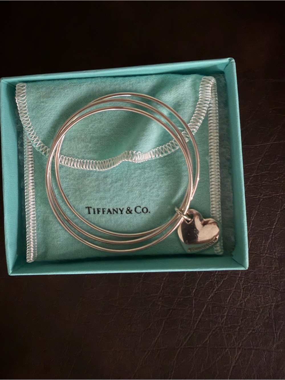 Tiffany & Co. Silver Multi-Bangle Bracelet with Heart Charm in Tiffany Blue